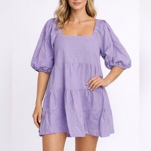 Lavender Puff Sleeve Women Mini Dress Medium Cotton Cottagecore Coquette